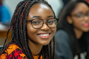 Captivating portrait of a beautiful young woman with a radiant smile and a pair of glasses, radiating intelligence and charm. She is surrounded by the warmth of a social gathering.