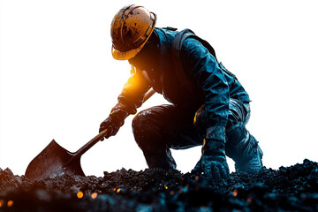 Miner Digging in Coal Mine with Shovel Wearing Hard Hat and Work Clothes Silhouette