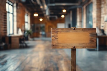 A blank signpost stands prominently in an office space, showcasing a perfect mockup opportunity for your advertisement, the weathered texture of the wood enhancing its rustic allure.