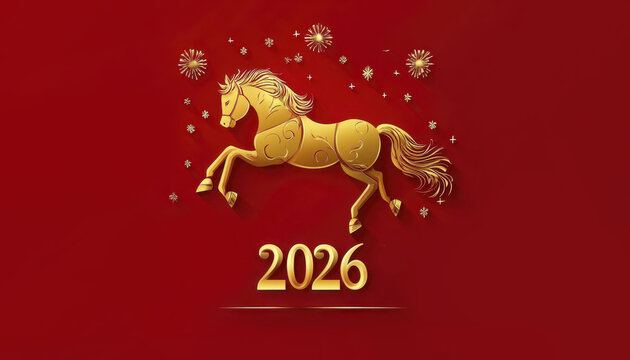 Golden horse leap with fireworks celebrating the year 2026 on a vibrant red background