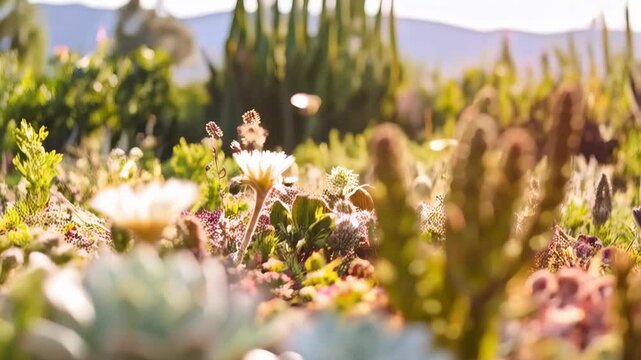 Bees pollinating flowering succulents, creating a vibrant and harmonious ecosystem, showcasing nature's beauty and interdependence.