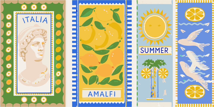 Colorful Italian Summer Travel Posters Featuring Italy Amalfi Coast and Summer