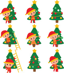 Cute cartoon Christmas elves decorating Christmas trees with ornaments and lights