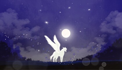 A white pegasus is traveling somewhere in the night.