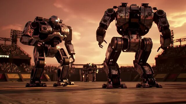 Two metallic robots facing off in a stadium at sunset