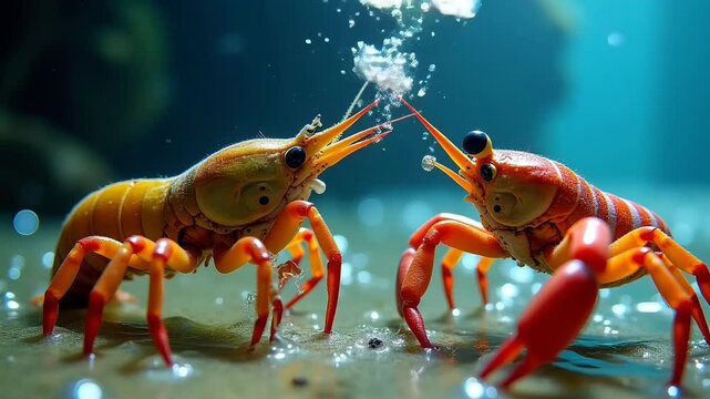 Two crayfish engaged in underwater fight with raised claws and swirling bubbles. Aquatic animal behavior concept