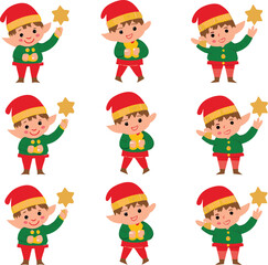 Festive Christmas Elves with Stars on a White Background Illustration