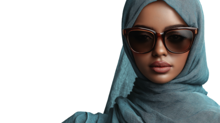 Hijabi woman in pastel abaya and sunglasses, classy and modern, isolated PNG