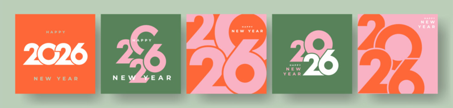 Set of 2026 Happy New Year logo text design. 2026 number design template. Collection of 2026 Happy New Year card, cover, poster. Vector illustration with labels isolated on colorful background.