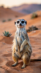Fototapeta premium Curious Meerkat Standing in Desert Landscape at Sunset