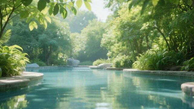 A serene natural spa setting, with a focus on a tranquil water feature surrounded by smooth stones and lush greenery for peaceful relaxation  4khd video download