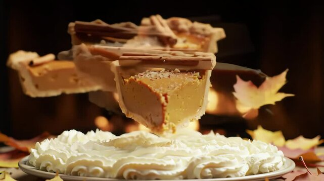 Two slices of pumpkin pie adorned with cinnamon sticks are positioned above a plate of whipped cream