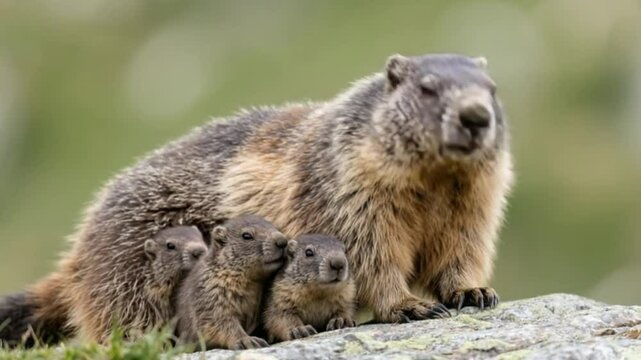 Alpine marmot mother with children, cuddling family of wild mountain rodents in alpine meadow, nature wildlife scene with fur detail and natural habitat 4khd video download