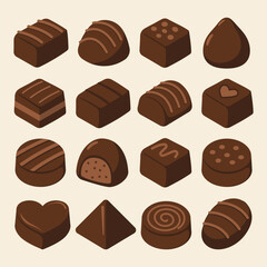 variety of delicious chocolate icons sticker, including squares, hearts, swirls, Collection of Sweet with flat vector illustration concept