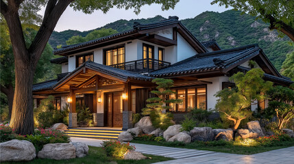Obraz premium Luxury Villa at Dusk: A stunning contemporary villa with traditional Asian architectural features is beautifully lit at dusk. The property boasts a landscaped garden, large windows.