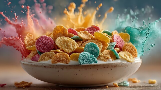 Slow motion of colorful cereal falling into milk with splashes and soft lighting on white background