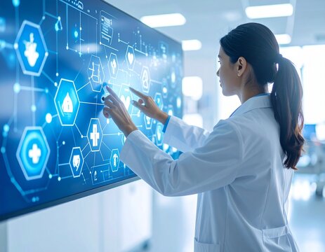 Doctor interacting with futuristic touchscreen healthcare interface — cutting-edge medical technology concept in a bright modern hospital setting.