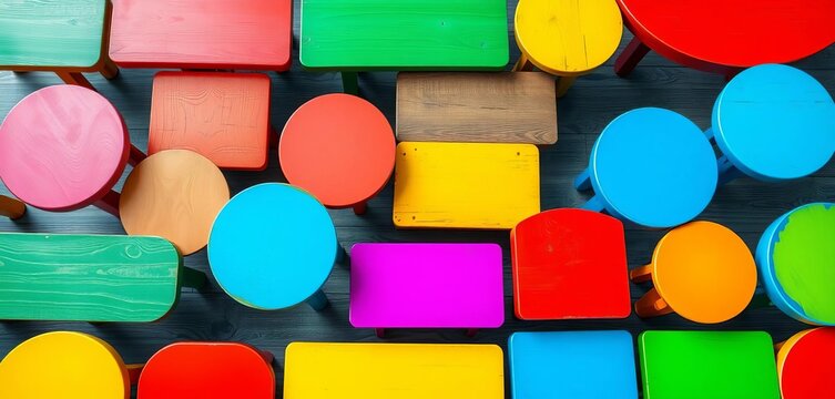 Vibrant collection of colorful tables in various shapes and styles, perfect for design projects, trendy, decoration