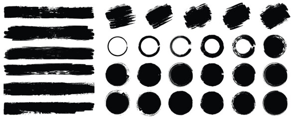 Set of paint brush stroke and abstract grunge banner for graphic background decoration. Freehand grunge brush illustration. Black watercolor splatter, texture, frame and abstract background for social