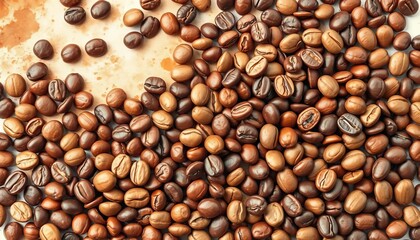 Fototapeta premium Vibrant watercolor coffee beans, scattered & clustered, various shades of brown & beige, drink, food