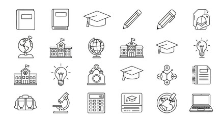 Education Icons Back to School, Graduation, Learning, and Knowledge Symbols