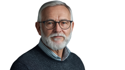 Senior manager with salt-and-pepper beard, checkered shirt and sweater over shoulders, studio light