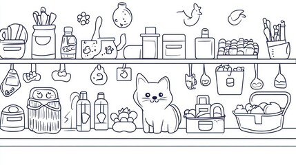 Two shelves filled with various household and kitchen items, with a cat in the center