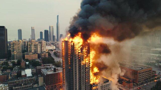 Flames engulf a high-rise building in the heart of a bustling city as thick black smoke billows into the sky, creating a dramatic and chaotic scene.
