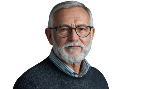 Senior manager with salt-and-pepper beard, checkered shirt and sweater over shoulders, studio light