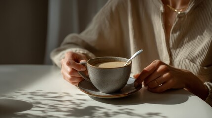 A woman is holding a mug of coffee with a spoon in it