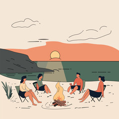 Obraz premium Bonfire and Sunset with Friends on the Beach – Outdoor Lifestyle