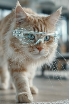 Futuristic Tabby Cat Wearing Augmented Reality Glasses Indoors