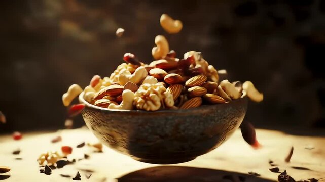 A bowl overflowing with assorted nuts and dried fruits suspended midair with falling pieces