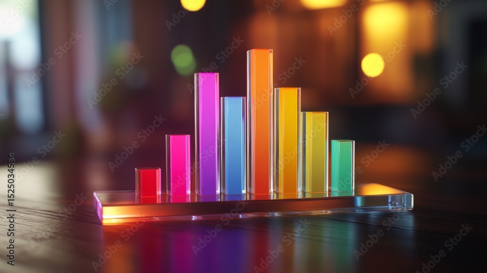 Aufkleber D bar graph with vibrant colors, arranged in ascending order on a transparent glass base, with soft ambient lighting
