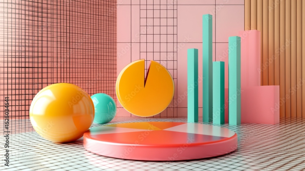 Aufkleber D bars and pie chart graphics in vivid colors, floating in space against a neutral backdrop for a visually impactful design