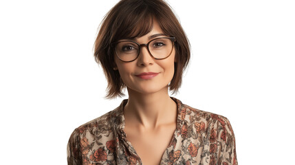 Obraz premium HR professional woman with smart bob haircut and printed blouse, looking warm, PNG