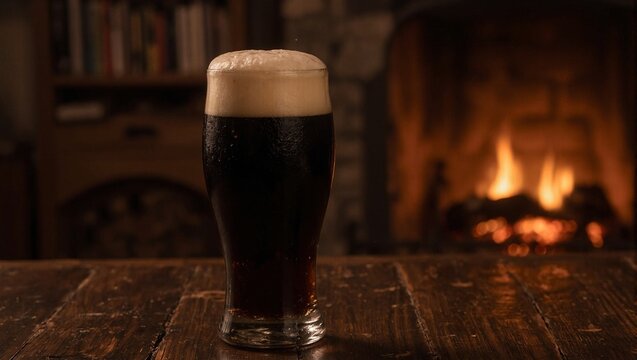 Irish stout pint by firelight