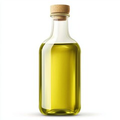 A glass bottle filled with vibrant green olive oil.