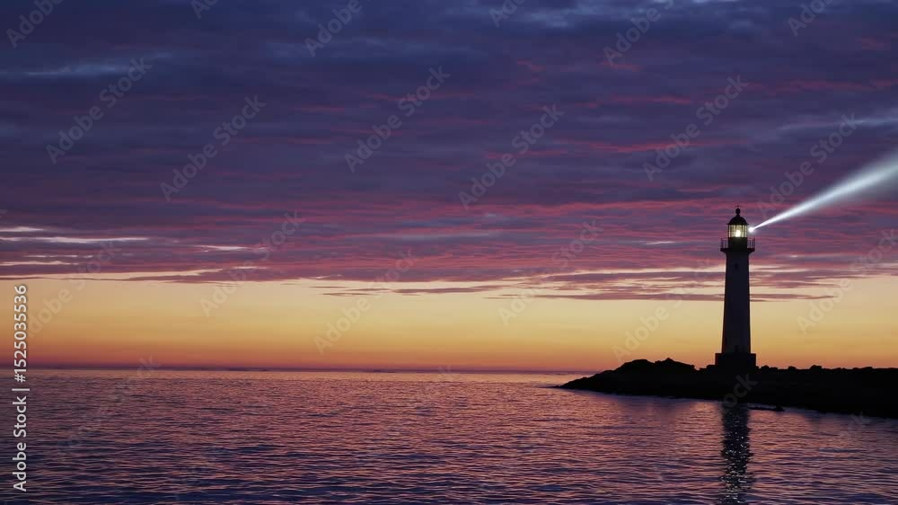 Poster sunset view of a lighthouse illuminating the ocean with a beautiful sky at dusk