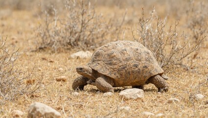 Obraz premium Tortoise crawling through scrubland