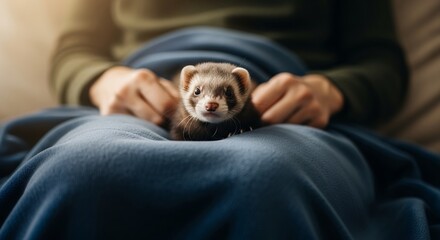 Adorable Ferret Pet on Lap, Cozy Blanket, Domestic Animal Portrait, Warm Colors, Fluffy Fur, Cute, Friendly, Small Mammal, Home, Comfort, Pet Photography