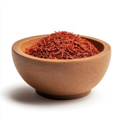 A rustic bowl filled with vibrant saffron strands, perfect for cooking.