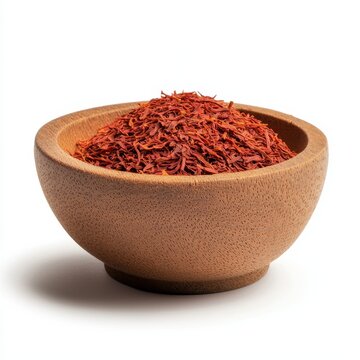 A rustic bowl filled with vibrant saffron strands, perfect for cooking.