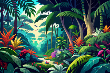 Vector illustration of a vibrant rainforest jungle filled with lush flora and dense vegetation ideal for nature-themed projects, adventure games, and eco-friendly designs