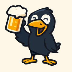 Cheerful crow mascot toasts with frothy beer mug in celebration.