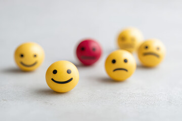 closeup of various emojis representing different emotions arranged artistically on clean background