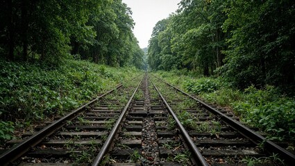 Fototapeta premium Rusty tracks diverge in a lush forest