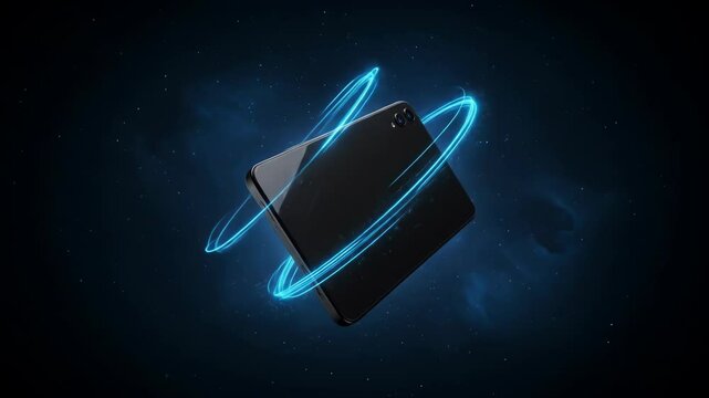 Phone Advertisement with Orbit Effect. Sleek Device with Energy Rings. Ultra Wide Screen Futuristic Smartphone Surrounded by Energy Rings in a Digital Space