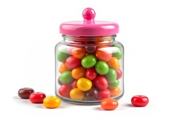Pink Lidded Glass Jar Filled with Colorful Round Candies