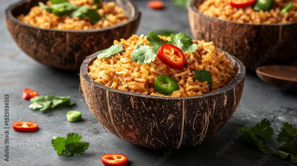 Poster an artistic shot of fried rice being served in a coconut shell, topped with sliced chili and fresh c